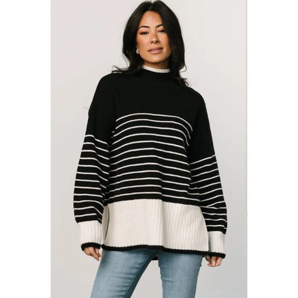Baltic Born Benedict Sweater Women 2XL Black Cream Striped Knit Pullover Stretch - Picture 1 of 11